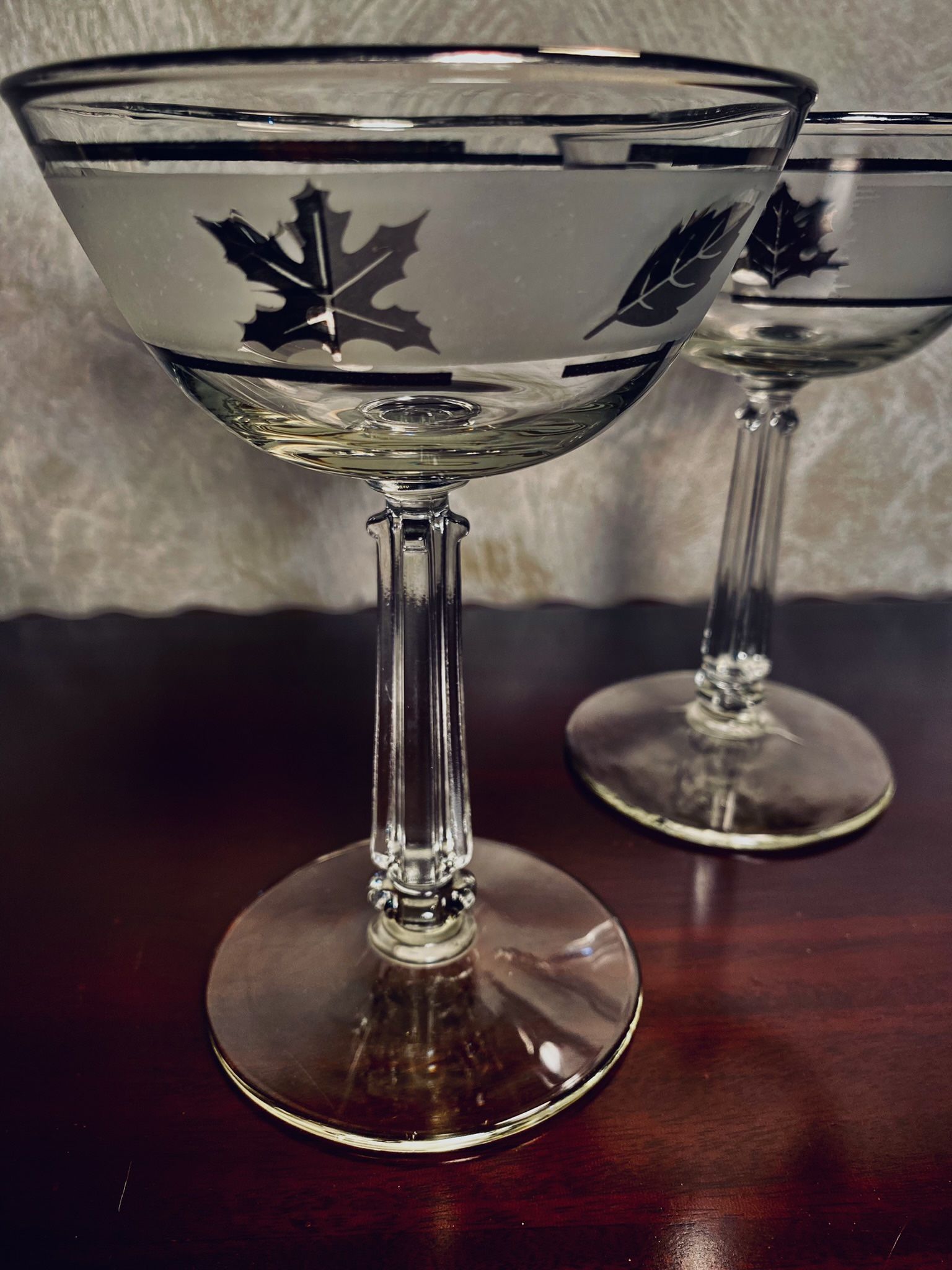 2 Champagne/Tall Sherbet Silver Leaf by LIBBEY GLASS COMPANY , Blown Glass