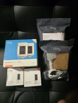 Ring Spotlight Cam Plus Battery 2-Pack + 2 Indoor Cams and Ring Gutter Mount Global White for Security Cameras & Solar Panels New Sealed