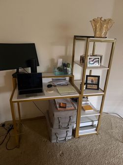White and gold desk w/ attached shelf