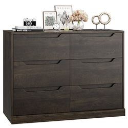 Modern 6 Drawer Dresser for Bedroom, Double Chest of Drawers with Storage, Large Wooden Storage Dresser Organizer with Cut-Out Handle, Accent Storage 
