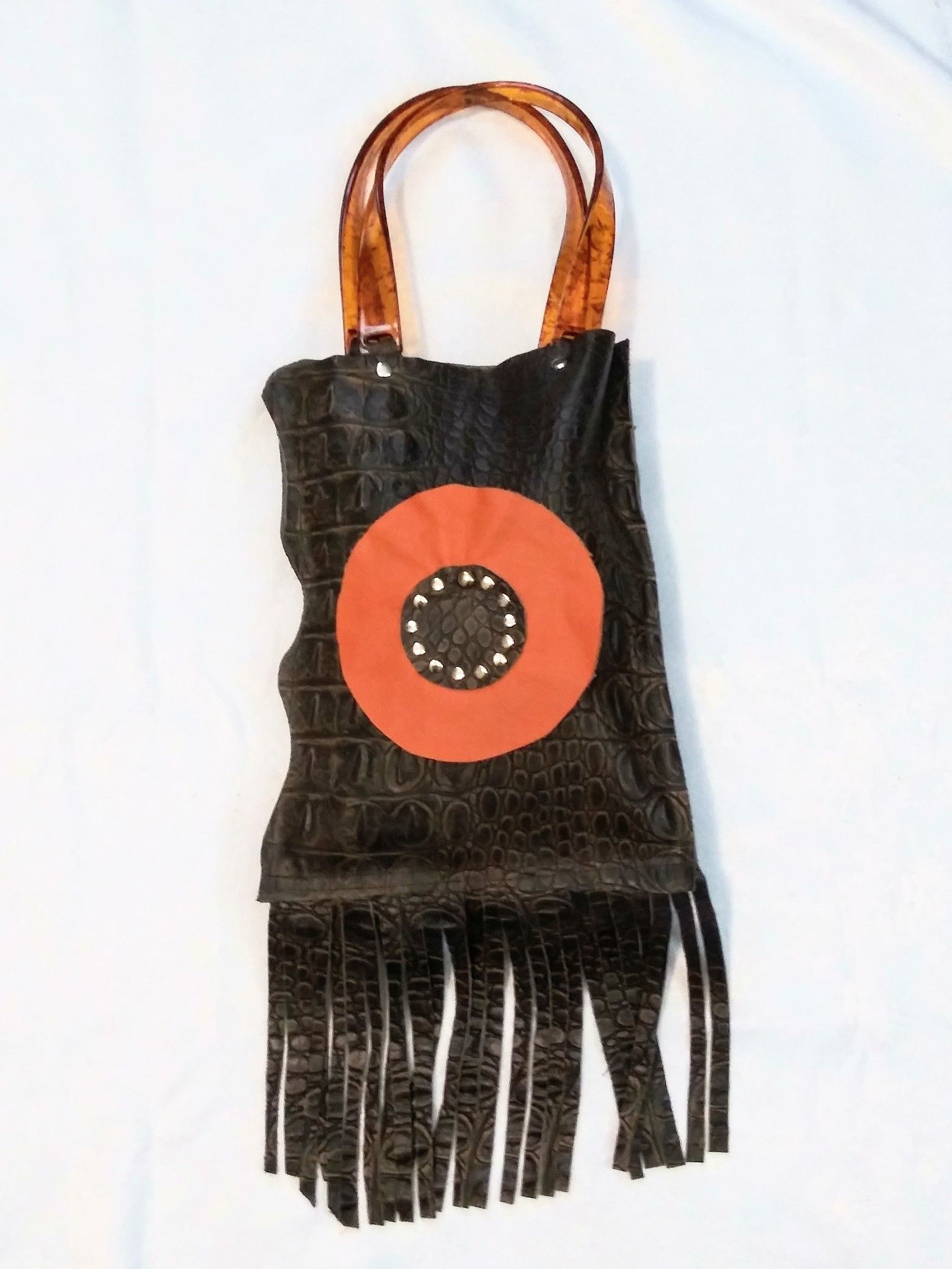 Brown leather custom made fringe handbag