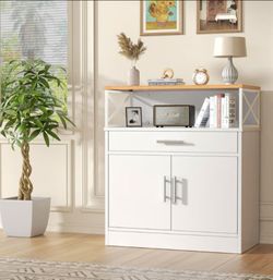 Kitchen Buffet Cabinet with Adjustable Shelf, Modern Kitchen Storage Cabinet,Farmhouse Coffee Bar Cabinet（White）