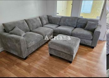 Grey corduroy sectional sofa with ottoman new in box