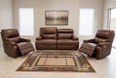 Brown leather three piece living room reclining set
