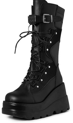 Mikarka Goth Platform Boots for Women Mid Calf Rave Combat Boots Women Lace Up Round Toe Wedge Heel Knee High Boots - Suitable for Concert