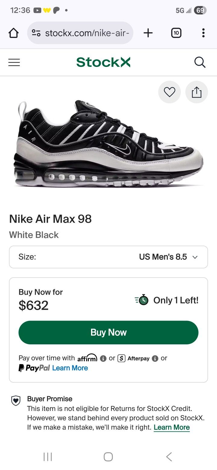 10.5 Mens Nike Airmax 98 White Black