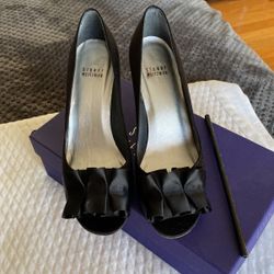 Stuart Weitzman Black Satin Dress Shoes Open Toe Front Ribbon