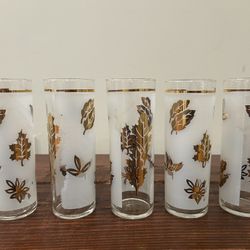Libbey Tom Collins Gold Leaves Frosted 7” Highball Cocktail Glass Vintage Set