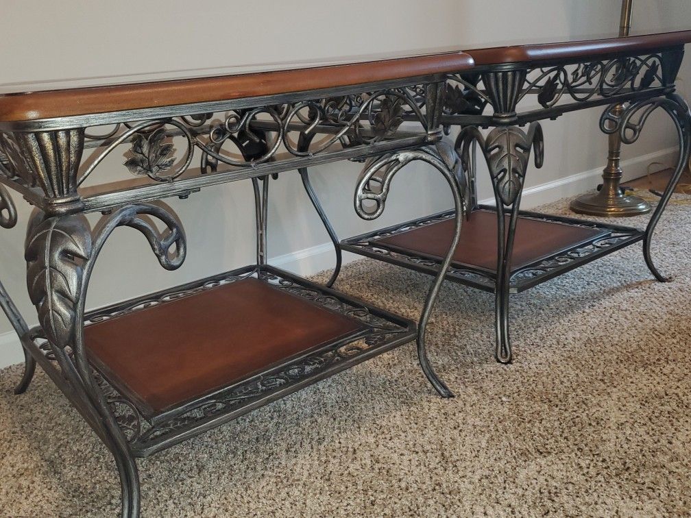 BEAUTIFUL END TABLES WITH DECORATIVE WROUGHT IRON AND GLASS TOPS