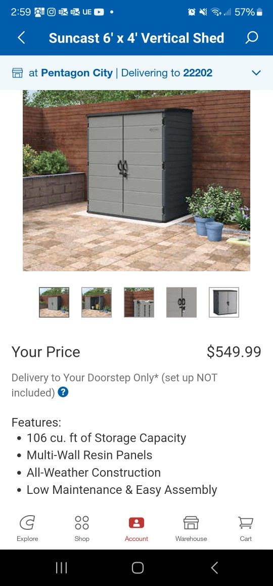 Brand New Storage Unit - Suncast 6' x 4' Vertical Shed