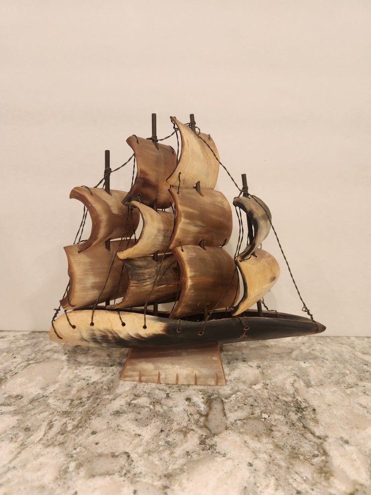 Carved Horn Sailing Ship 6.6" X 7.5"