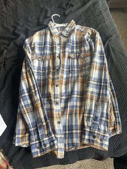 Vintage thrift White baby blue brown plaid flannel size medium