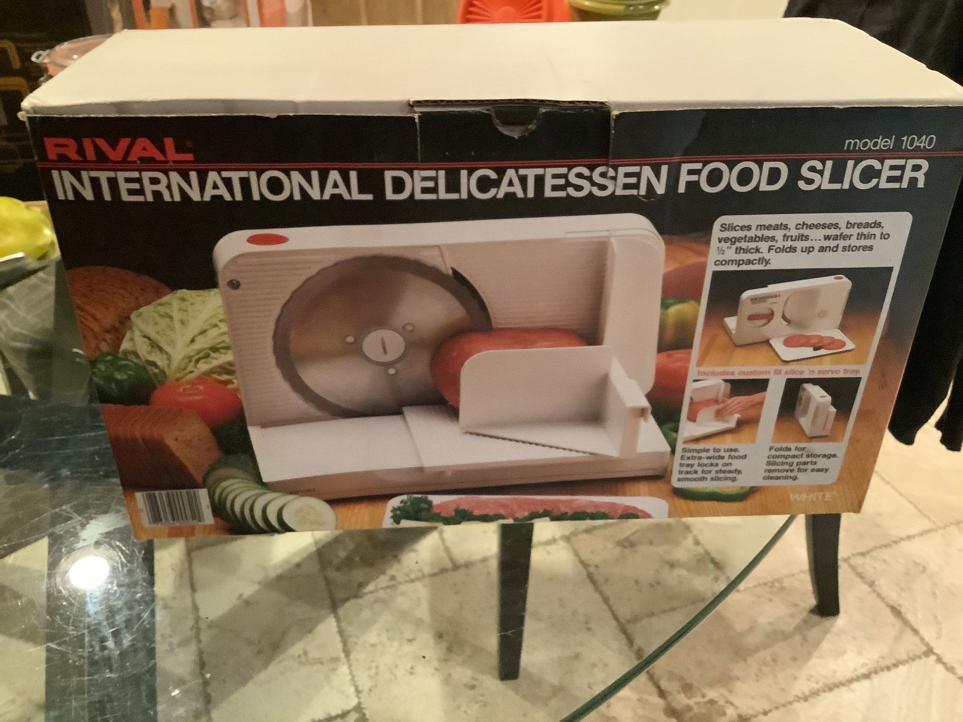 Vintage Rival Fold- Up Electric Food Slicer- White- New Original Box- Model 1042