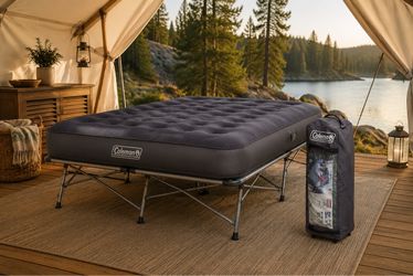 Like NEW Coleman Queen Elevated Airbed Cot w/ Steel Frame, Pump & Wheeled Bag –