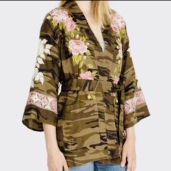 Johnny Was Floral Camo Embroidered Kimono Jacket Belted
