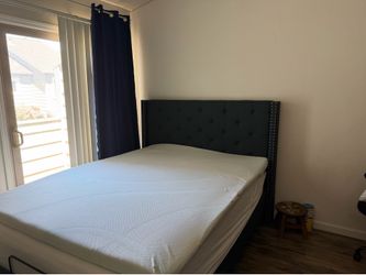 Queen Bed frame plus blue curtain