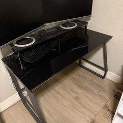 Office Desk Black Glass Top With Steel Frame - Hidden Cable Tray In Back