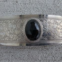 Vintage French Hair Barrette Clip Silver Tone Black Faceted Stone Floral Engraved Made in France 9.5 cm