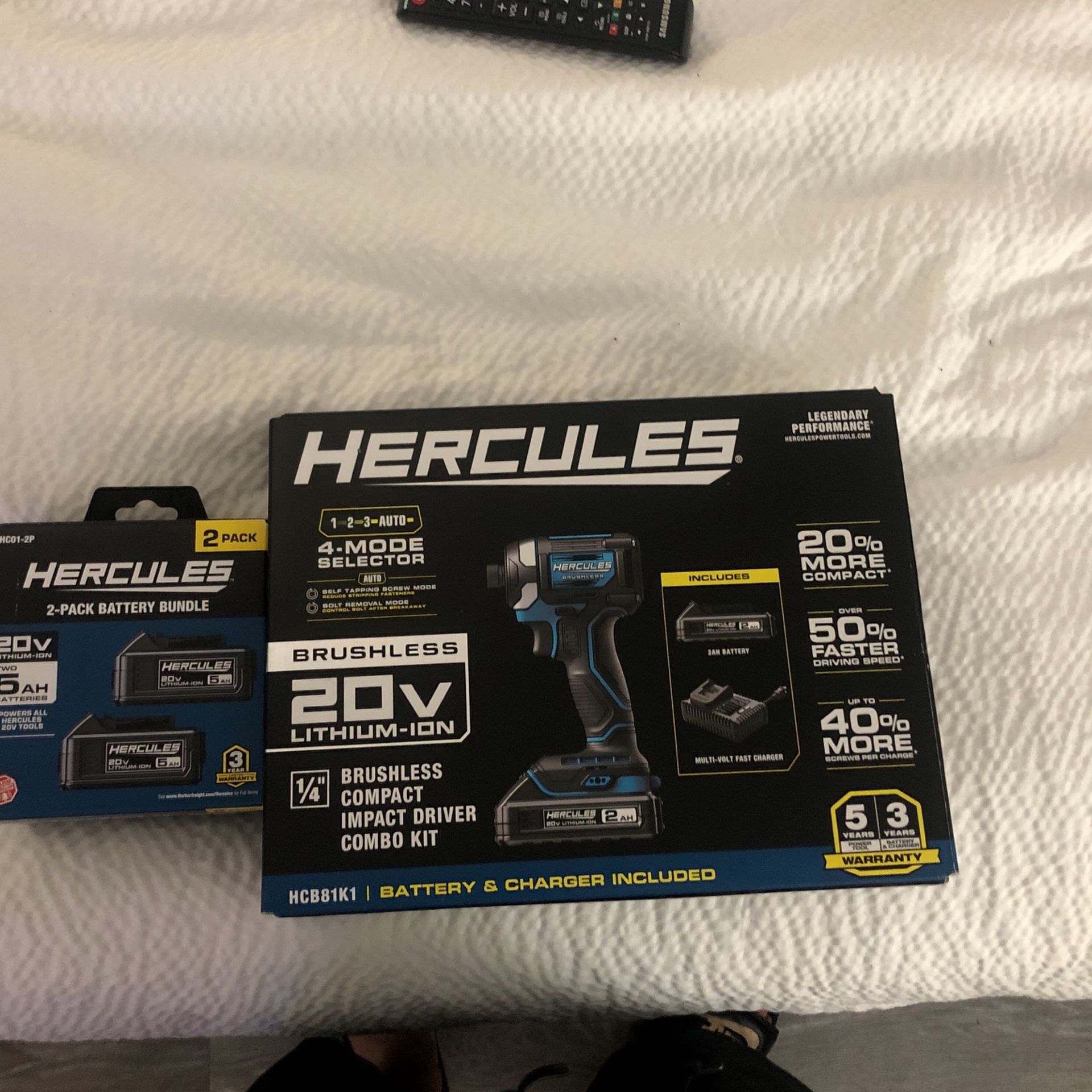 Hercules 20 V lithium ion brushless quarter inch brushless compact impact. Driver combo with two additional five amp our batteries