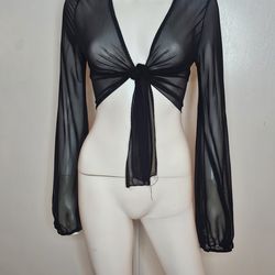 Windsor Black Sheer Tie-Front Long Sleeve Crop Blouse Size S/M