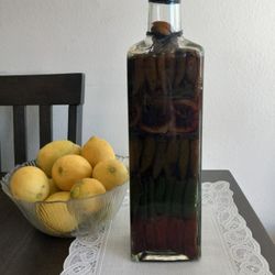 Red, Green & Lemon Infused Vinegar Kitchen Decor Bottle