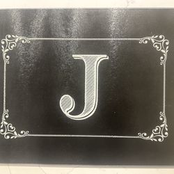 Letter ‘J’ Initial Glass Cutting Board. Black & White.