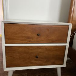 Midcentury Modern White And Wood End Table, 2 Drawers