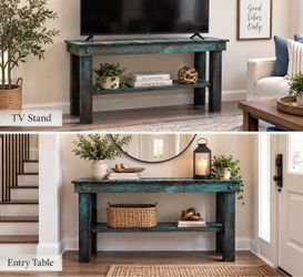 Rustic Distressed Teal Wood Console Table, TV Stand, Entry Table
