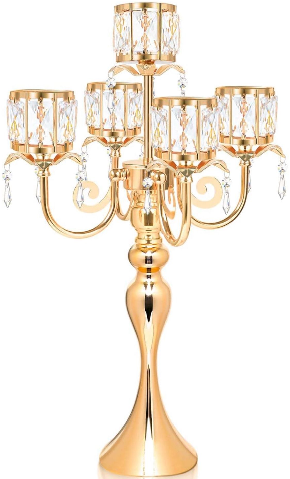 Kehail Gold 5 Arm Pendant Square Crystal Table Decor 22 Inch Candle Holder, Classic And Elegant Table Centerpiece Atmosphere Candle Holders For Gift W