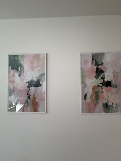 Abstract Wall Art Set of 2 - Pink & Green, 16 x 24in, White Frames