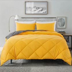 Full Size Yellow / Grey Reversible Down Alternative Comforter with 2 Pillow Sham for All Season