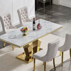 5 Piece Dining Table And 4 Chairs Set. Marble Top. 