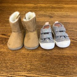Toddler 2 pair size 4 Wonder Nation Tan Boot + Cat & Jack grey sneaker