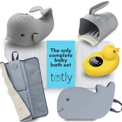 COMPLETE BABY BATH SET: totly's baby bath kit includes: bath kneeler with elbow rest, digital baby bath thermometer, non-slip baby bath mat, baby rins