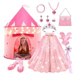Brand New 15Pcs Princess Castle Play Tent Dress Up with LED Glow in The Dark Stars for Little Girls－Princess Dress Up Cape with Crown,Girl Play Tent/H