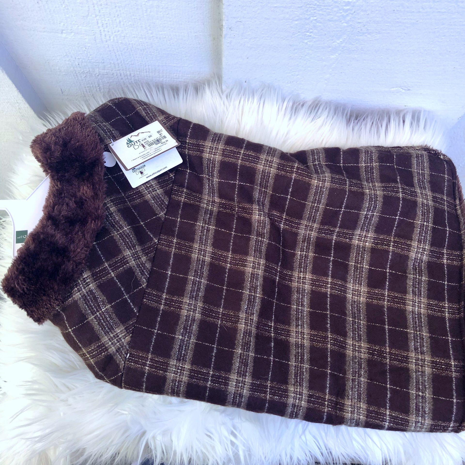 “Outdoor Dog” Brown Plaid Doggy Sweater: fur collared, pet clothes, puppy, animal jacket