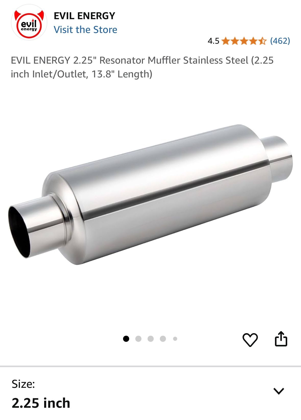 EVIL ENERGY 2.25" Resonator Muffler Stainless Steel (2.25 inch Inlet/Outlet, 13.8" Length)