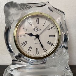 Elgin Desk Mantle Clock Crystal Glass W/ Frosted Floral France Cleat Quartz