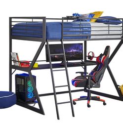 Kids Carbon Optix Black Twin Size Gaming Loft Bed With LED Lights