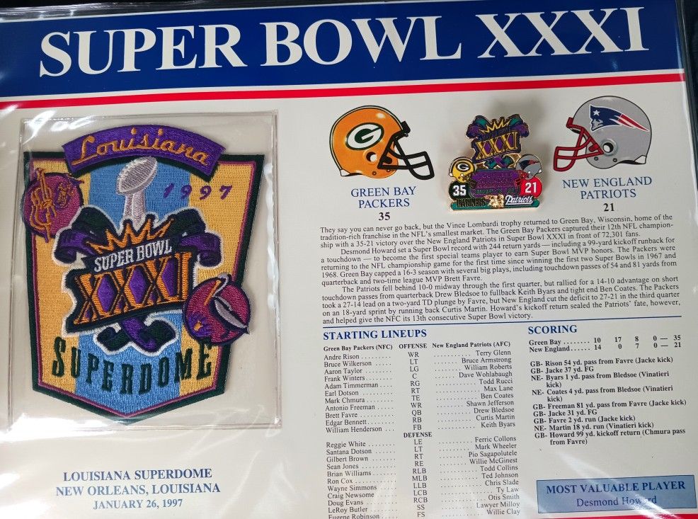 January 26, 1997 Nfl Football Green Bay Packers New England Patriots Super Bowl XXXI (31) Patch