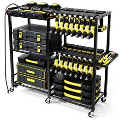TC-HOMENY Power Tool Organizer Garage Storage with Charging Power Strip, 28 Drill Rack Tool Holder Racks Rolling Tool Cart on Wheels, Tool Shelf Organ