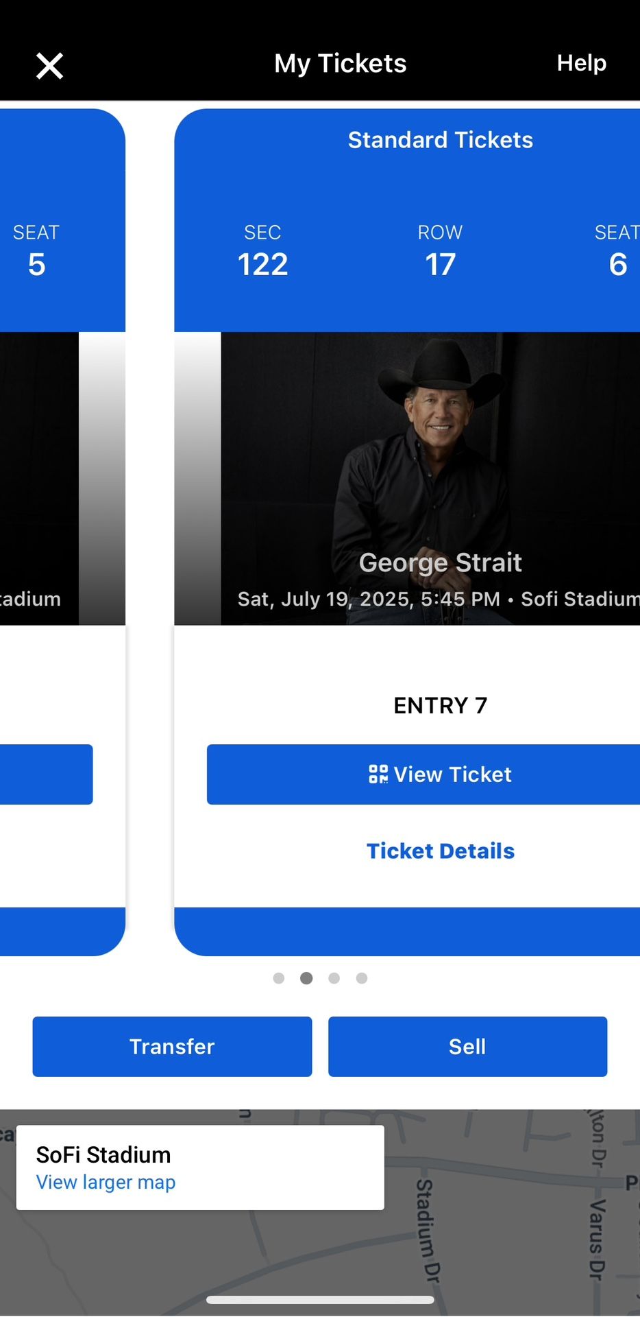 I have a total of 5 tickets for sale for George Strait and Christ Stapleton for Saturday, July 19th at So-Fi Stadium Great seats - clear view, aisle s