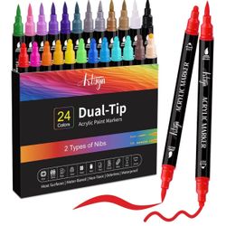 24 Colors Acrylic Paint Pens, Dual Tip Pens With Medium Tip and Brush Tip for Rock Painting, Ceramic, Wood, Plastic, Calligraphy, Scrapbooking, Brush 