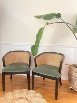 Mid-Century Modern style Black Cane & Green Velvet Accent Chairs (Pair)
