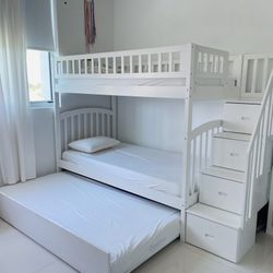 Gorgeous Bunkbed White Wood Stairs Storage Extra Bed 