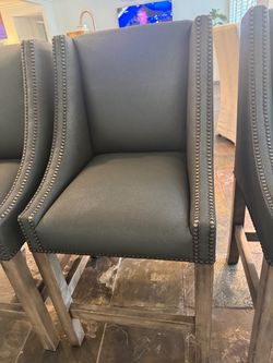 Gray Leather Bar Stools with Nailhead Trim