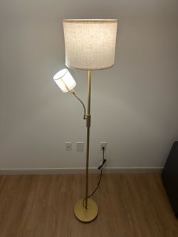 Brass Floor Lamp with Adjustable Reading Light & Linen Shade