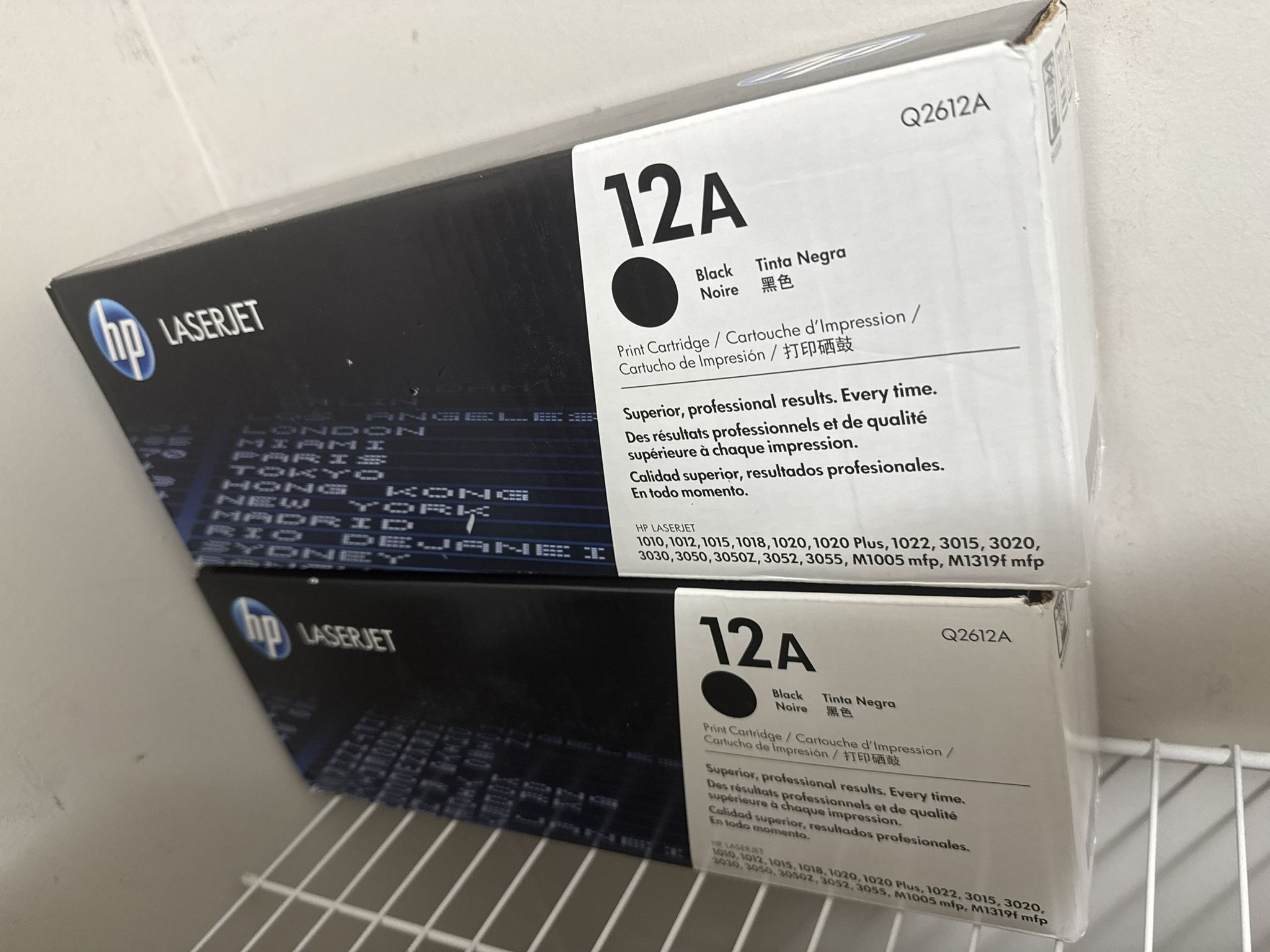 Two HP LaserJet 12A toner cartridges are available
