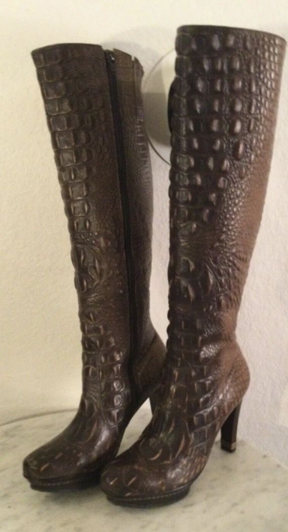 MAX AZRIA Brown Leather Crocodile Print Boots