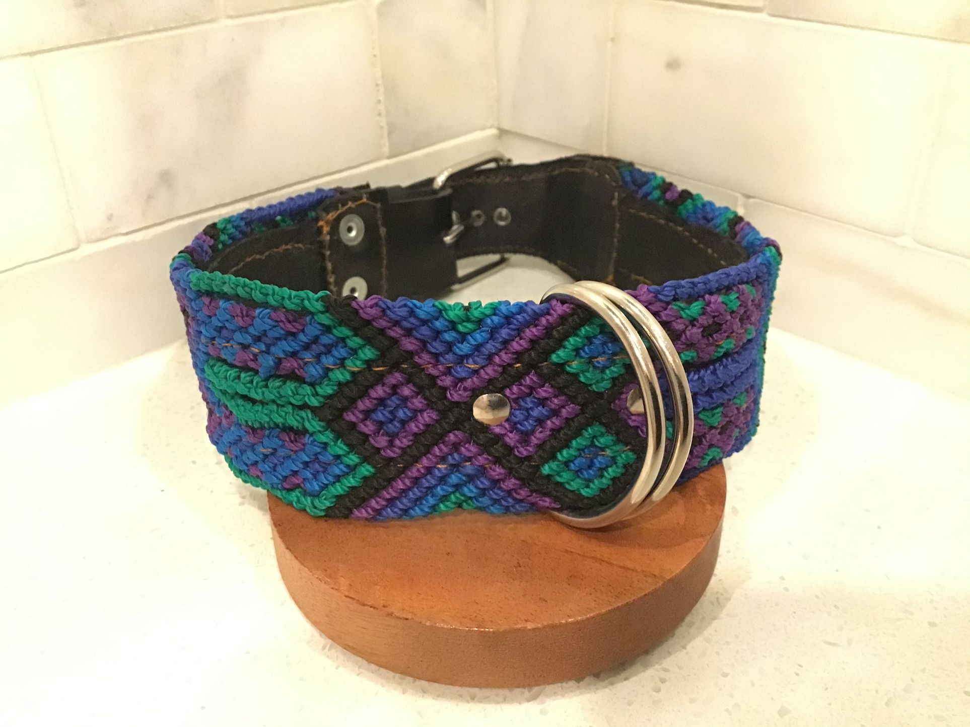 Handmade Dog Collar – 19.5” Large – Indigo & Teal Tribal Weave